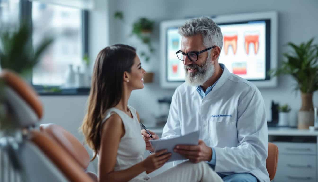 dentista conversando con paciente en consulta dental con pantalla y ambiente luminoso