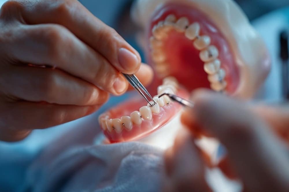 Dentista trabajando en boca de paciente con guantes y herramienta dental luz azul Imagen destacada del artículo