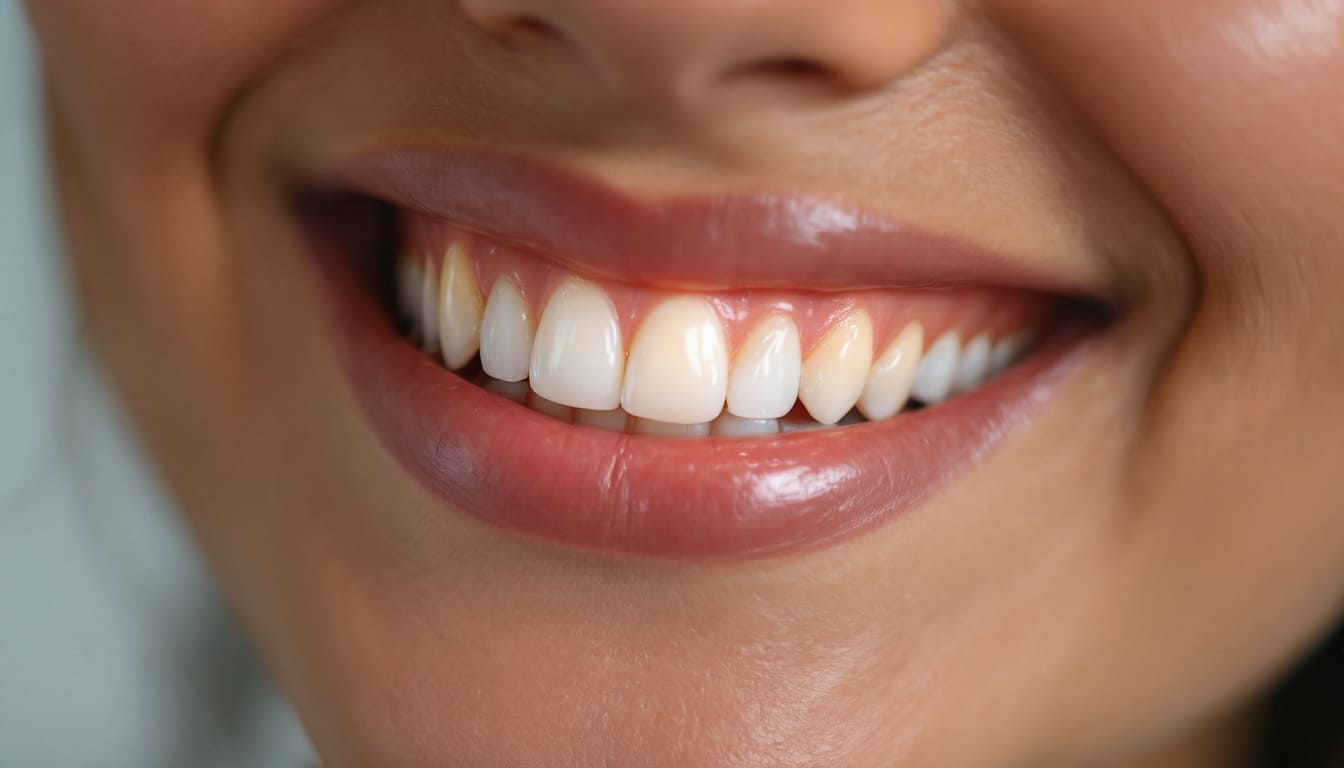 detalle de sonrisa natural con dientes blancos y humedad en los labios