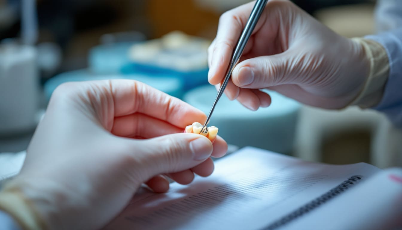 manos con guantes ajustando modelo dental en clinica con herramienta precisa