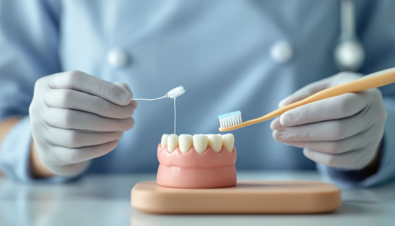 manos de dentista aplicando cepillo dental en modelo de dientes en clinica