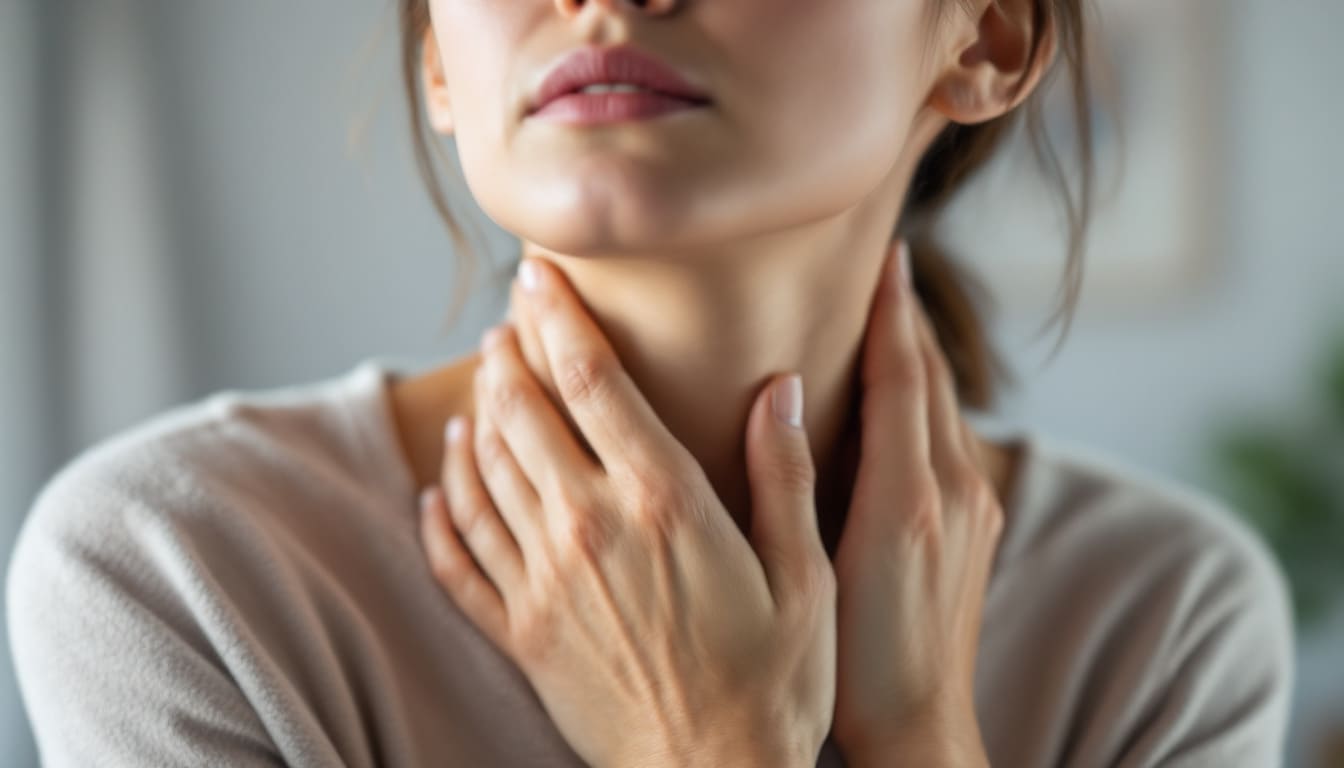 mujer con manos en el cuello expresando incomodidad o tension en ambiente claro