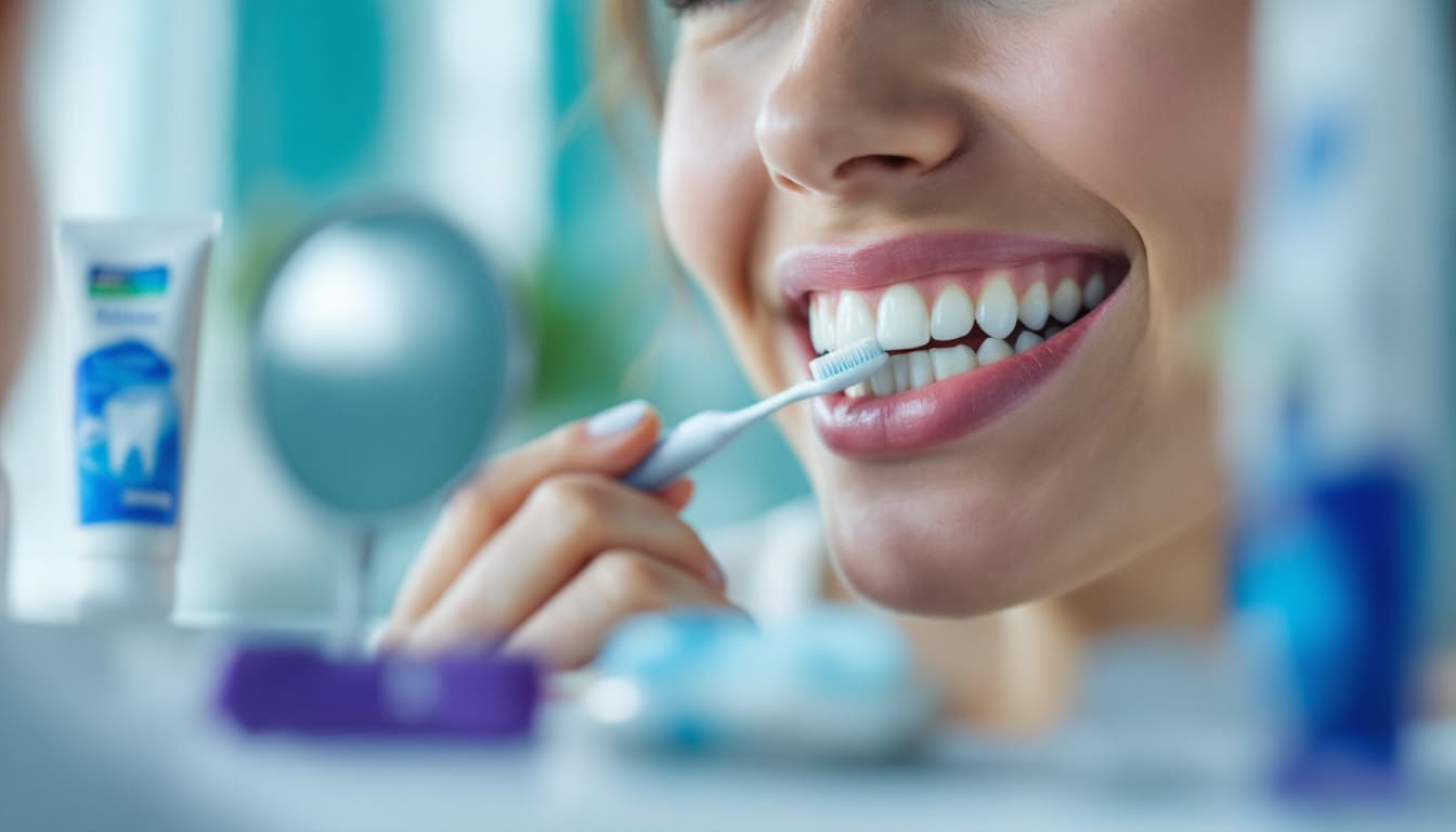 mujer sonriendo mientras cepilla sus dientes en bano moderno con productos dentales