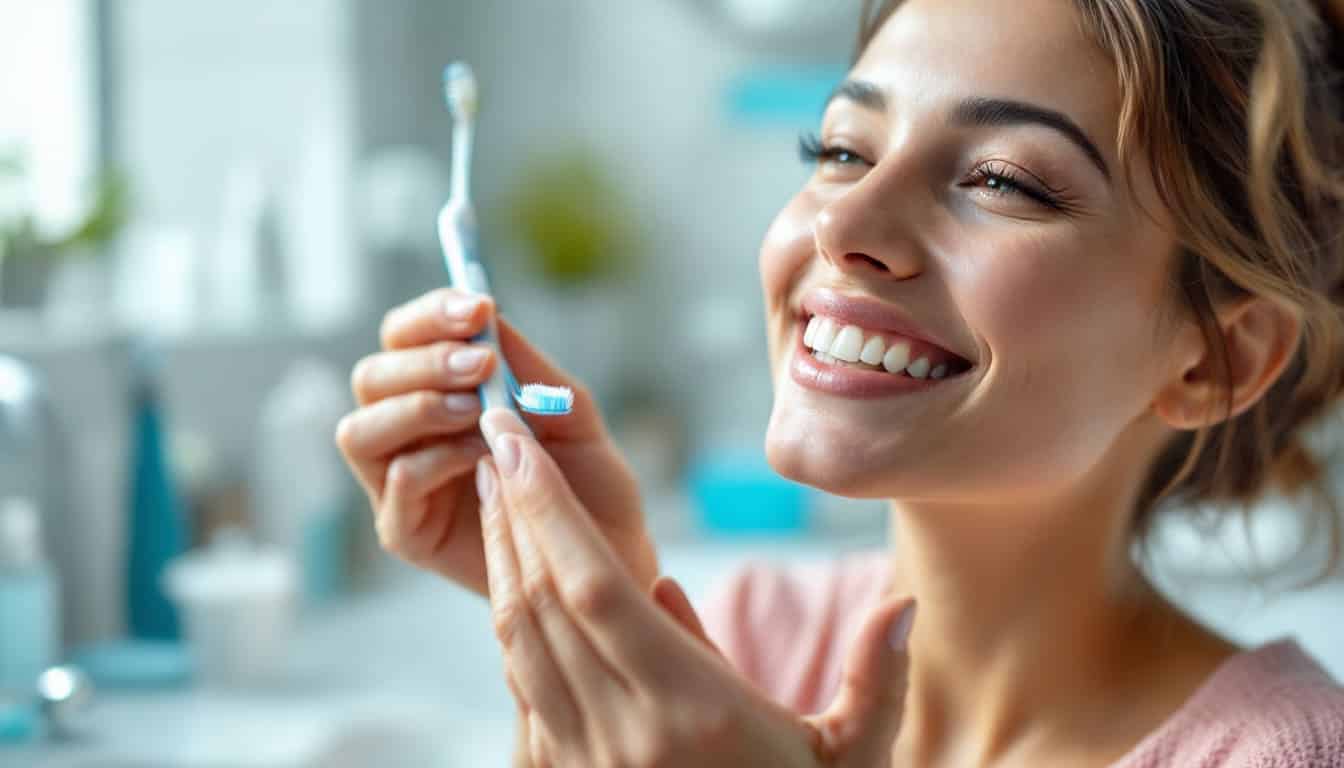mujer sonriente cepillado dientes higiene bucodental