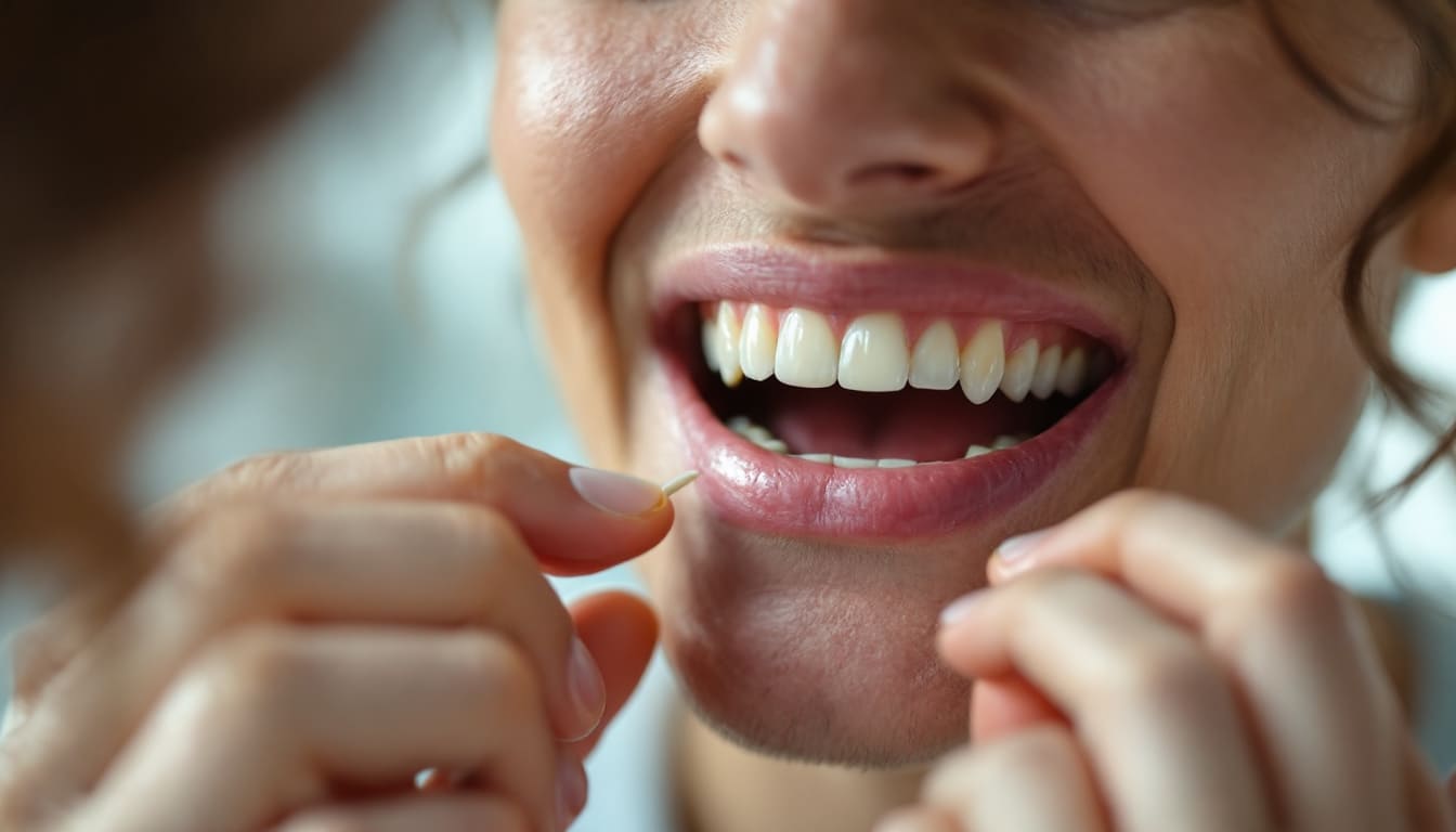 persona usando hilo dental en primer plano con sonrisa enfocada