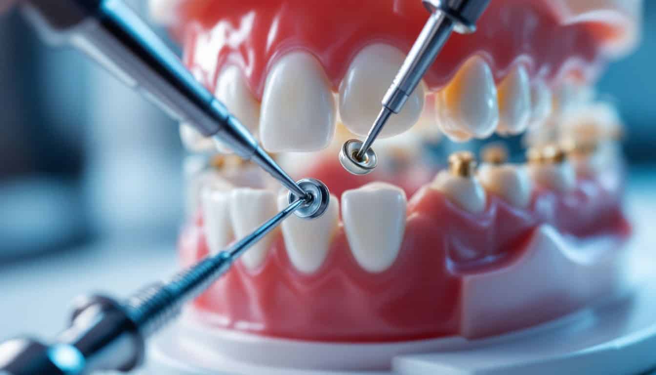 primer plano de maqueta dental con aparato ortodontico y herramientas ajustando